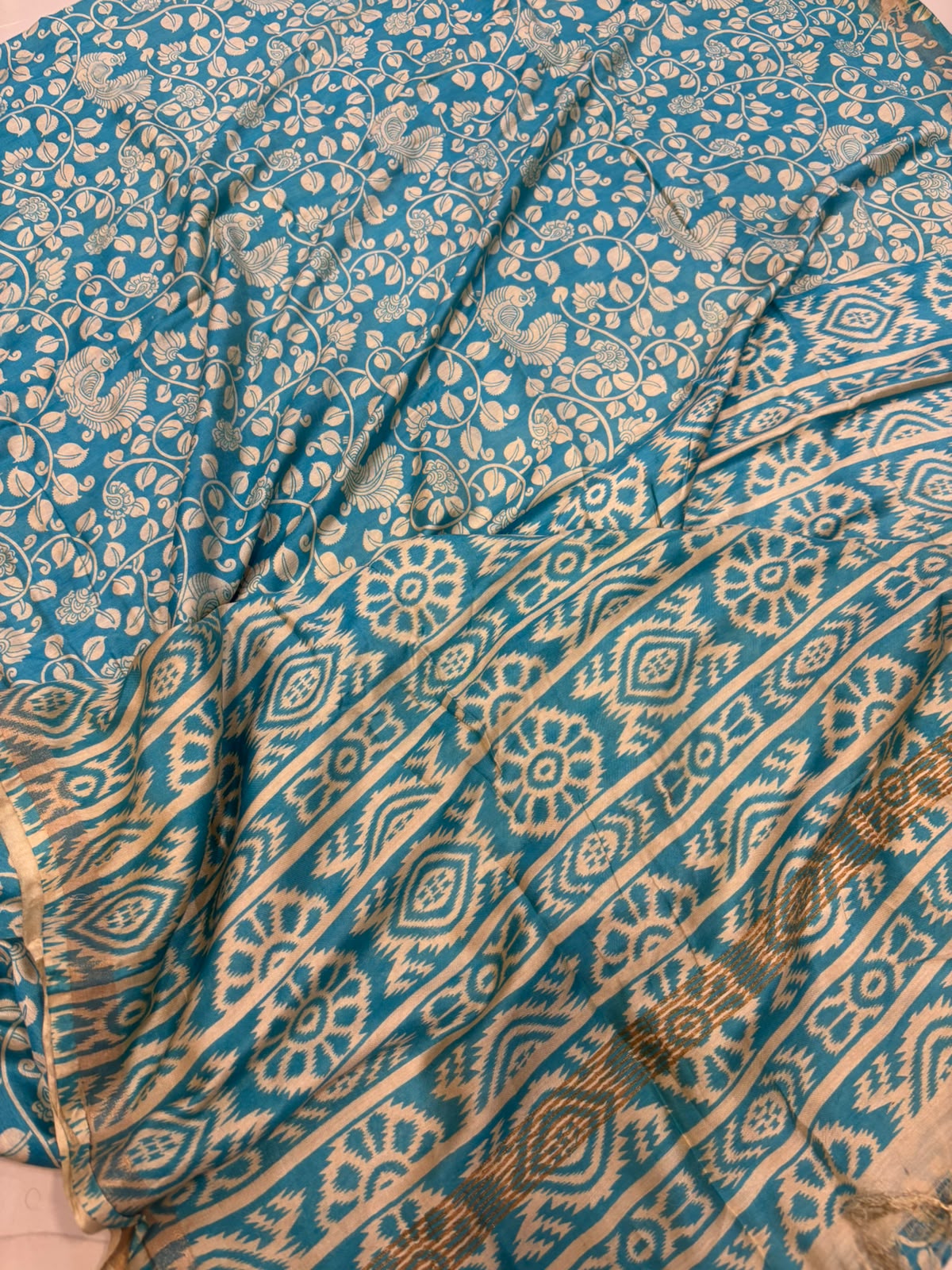 Light Blue Kalamkari Design Bhagalpur Silk Saree