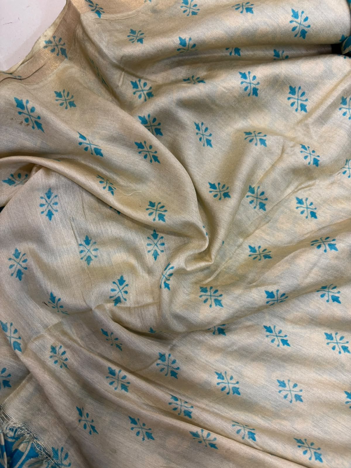 Light Blue Kalamkari Design Bhagalpur Silk Saree