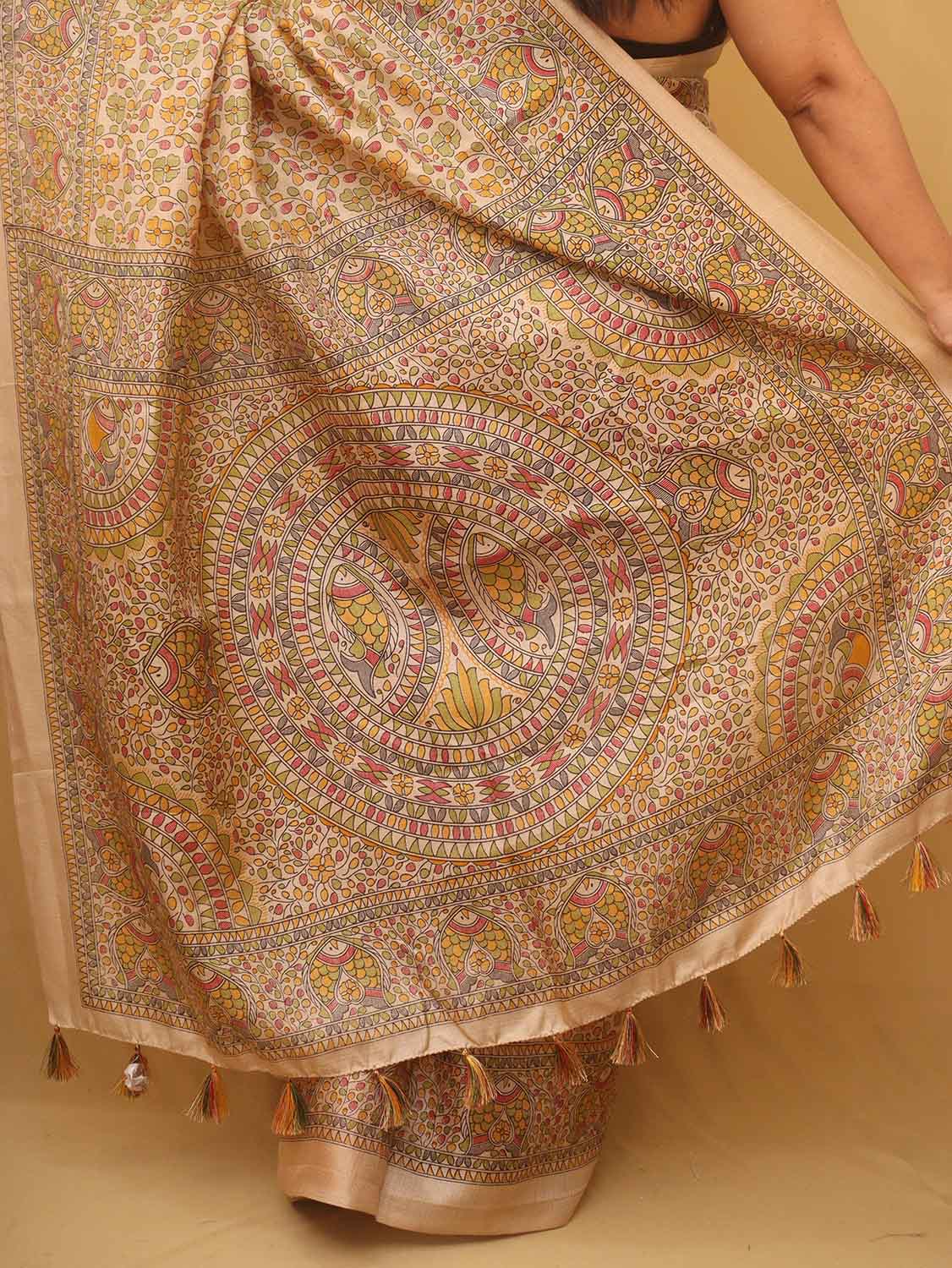 1 Min Ready To Wear - Pastel Madhubani Print Semi Tussar Silk Saree - Luxurion World