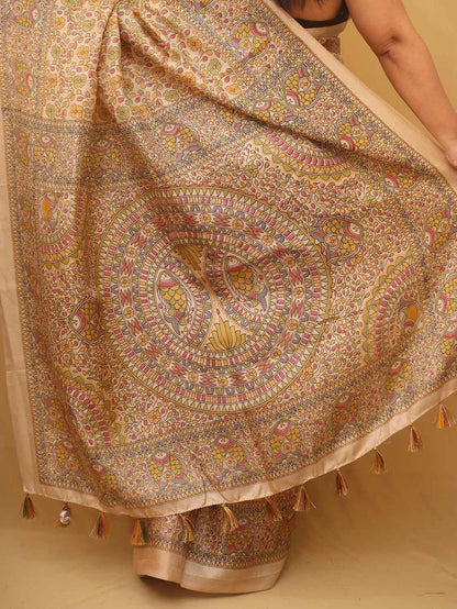 1 Min Ready To Wear - Pastel Madhubani Print Semi Tussar Silk Saree - Luxurion World