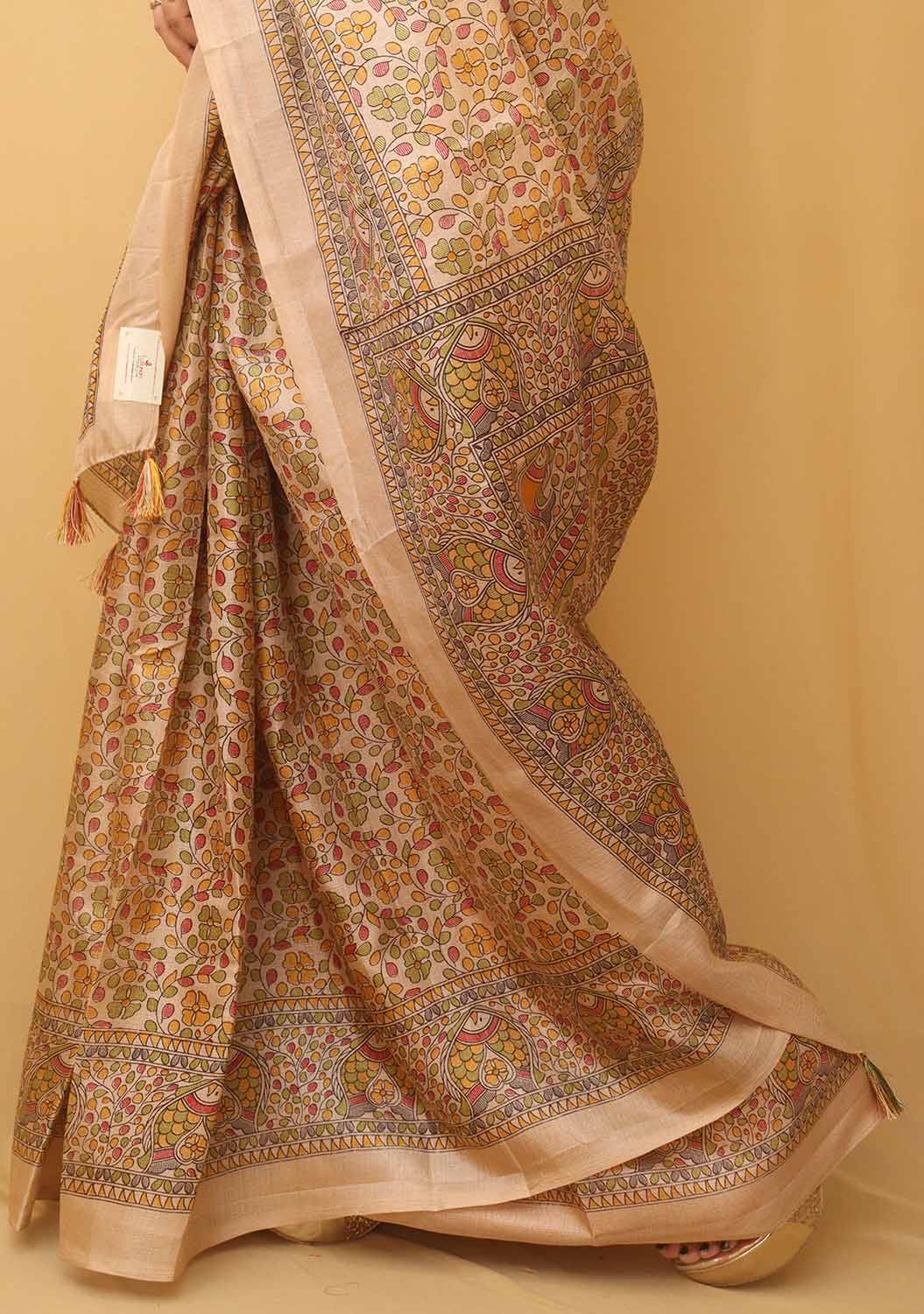 1 Min Ready To Wear - Pastel Madhubani Print Semi Tussar Silk Saree - Luxurion World