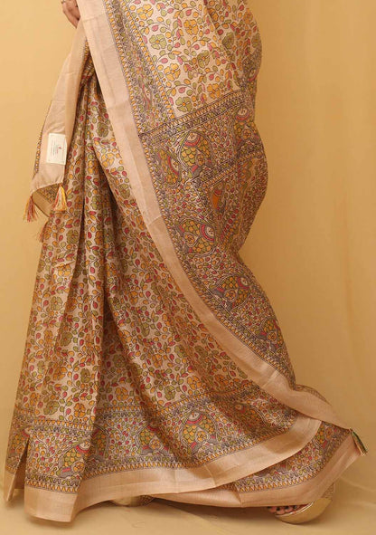 1 Min Ready To Wear - Pastel Madhubani Print Semi Tussar Silk Saree - Luxurion World