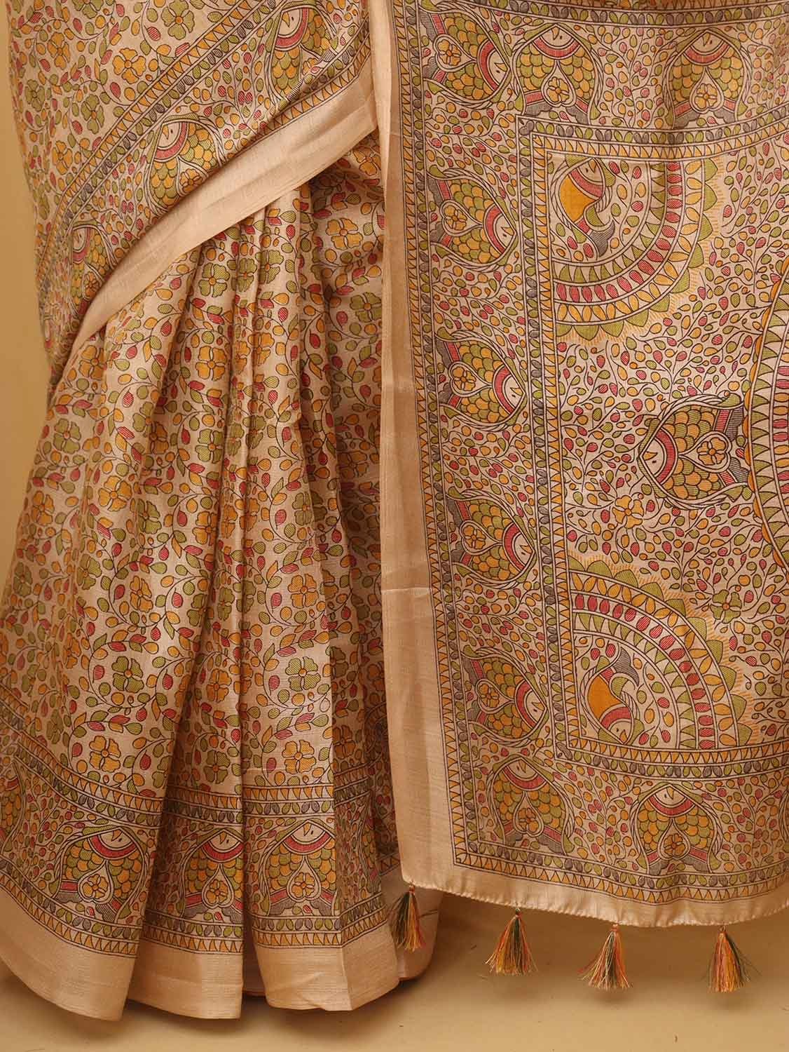 1 Min Ready To Wear - Pastel Madhubani Print Semi Tussar Silk Saree - Luxurion World