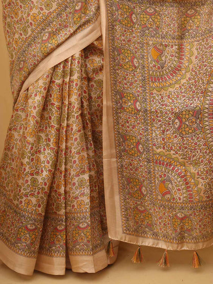 1 Min Ready To Wear - Pastel Madhubani Print Semi Tussar Silk Saree - Luxurion World