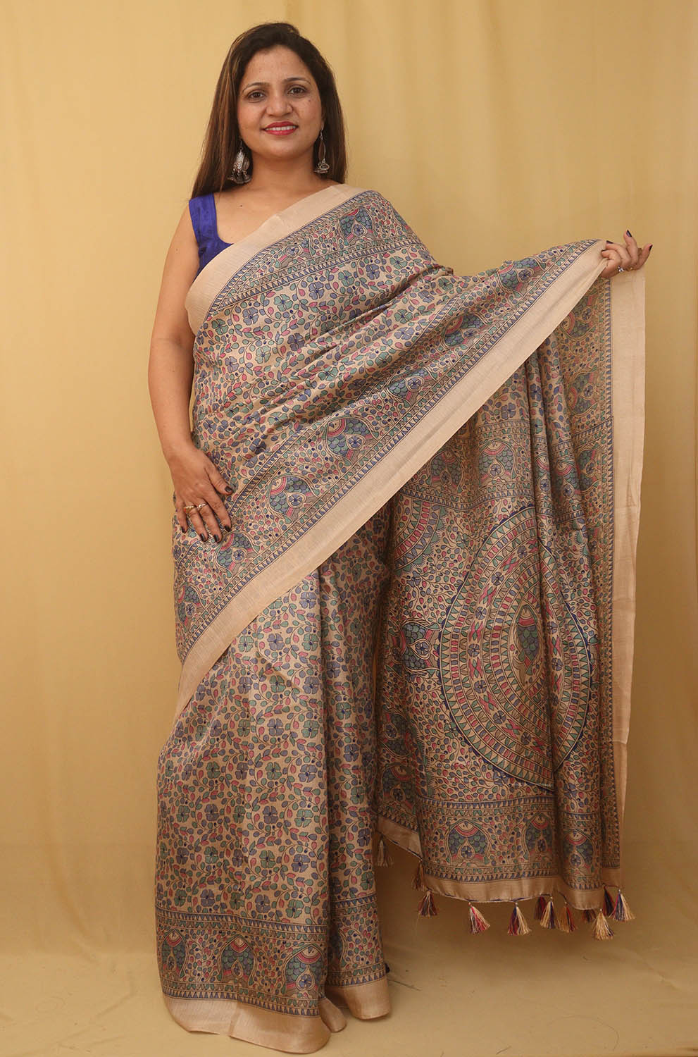 Pastel Madhubani Print Semi Tussar Silk Saree - Luxurion World