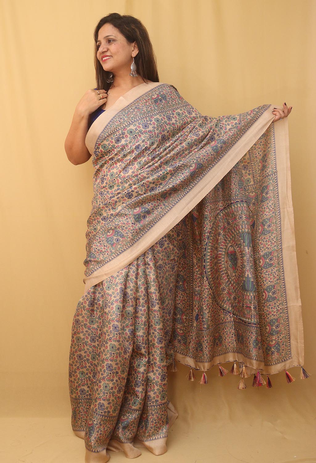 Pastel Madhubani Print Semi Tussar Silk Saree - Luxurion World