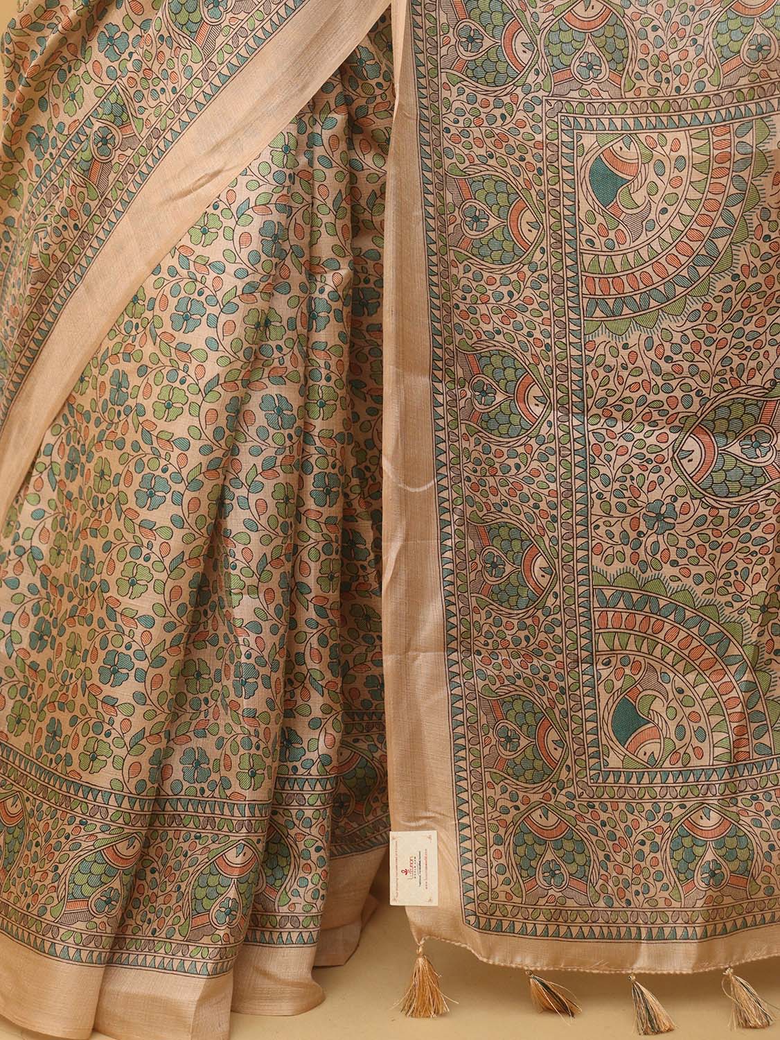 1 Min Ready To Wear - Pastel Madhubani Print Semi Tussar Silk Saree - Luxurion World