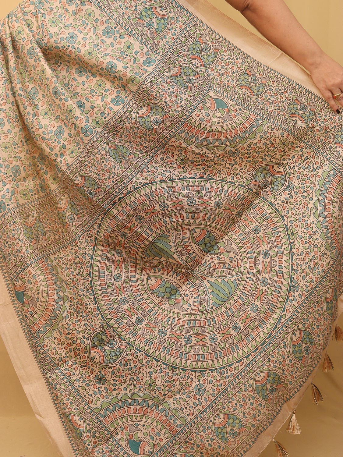 1 Min Ready To Wear - Pastel Madhubani Print Semi Tussar Silk Saree - Luxurion World