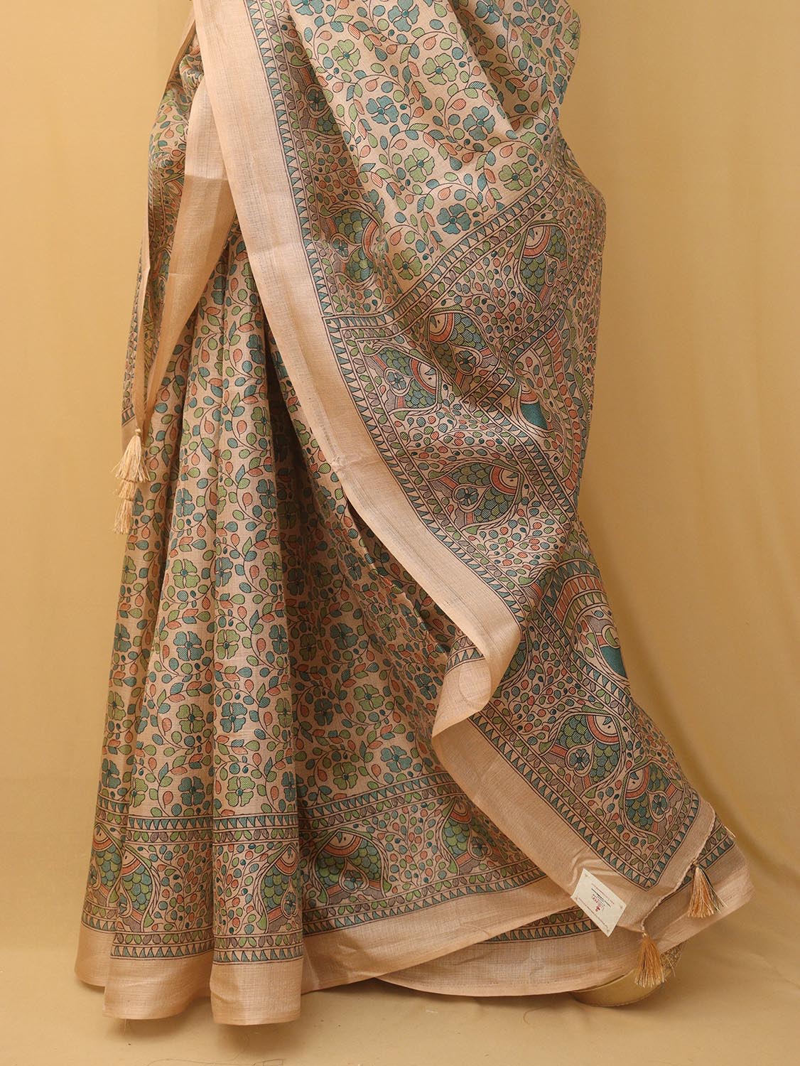 1 Min Ready To Wear - Pastel Madhubani Print Semi Tussar Silk Saree - Luxurion World