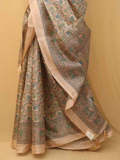 1 Min Ready To Wear - Pastel Madhubani Print Semi Tussar Silk Saree - Luxurion World