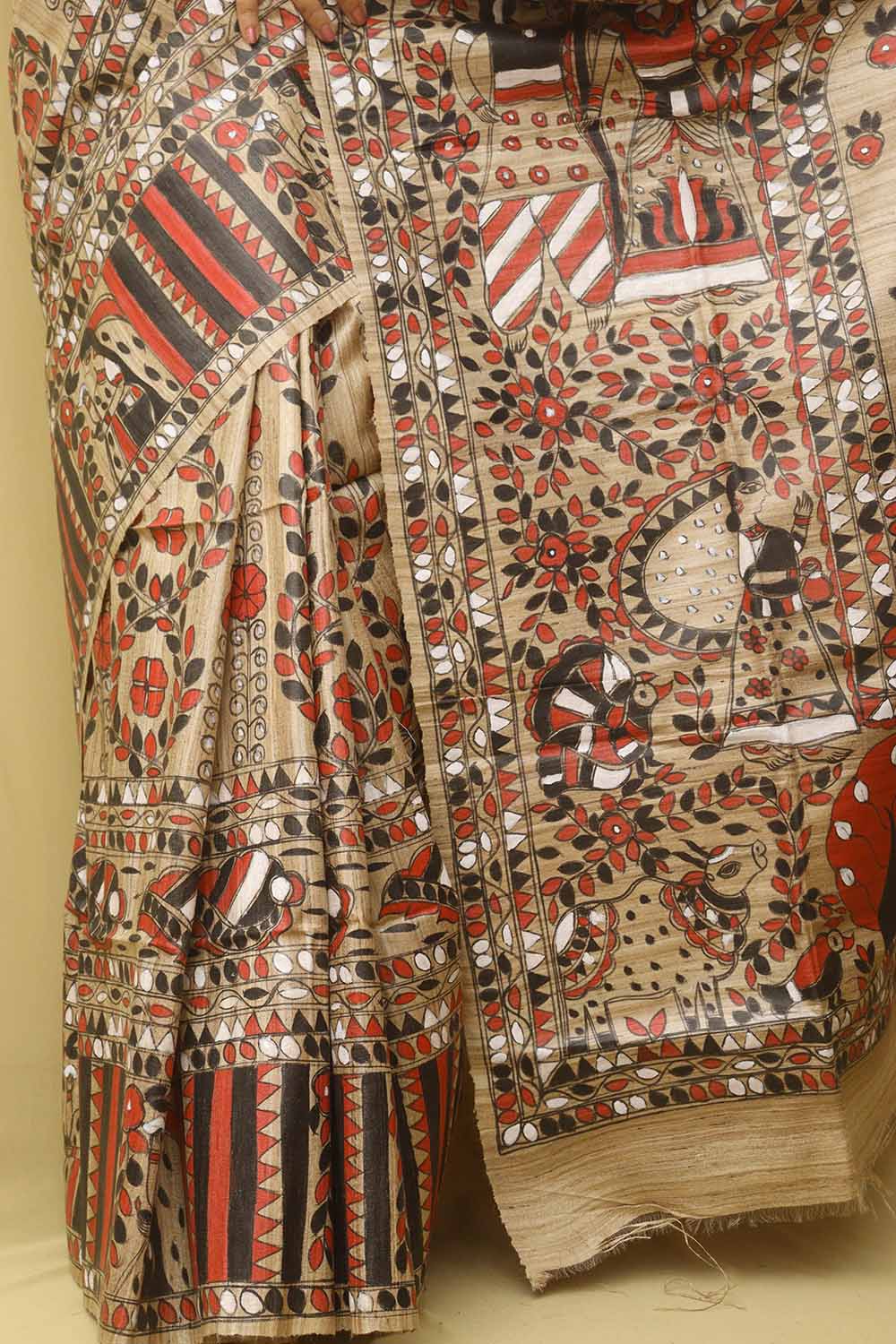 Multicolor Hand Painted Madhubani Tussar Ghicha Silk Saree - Luxurion World