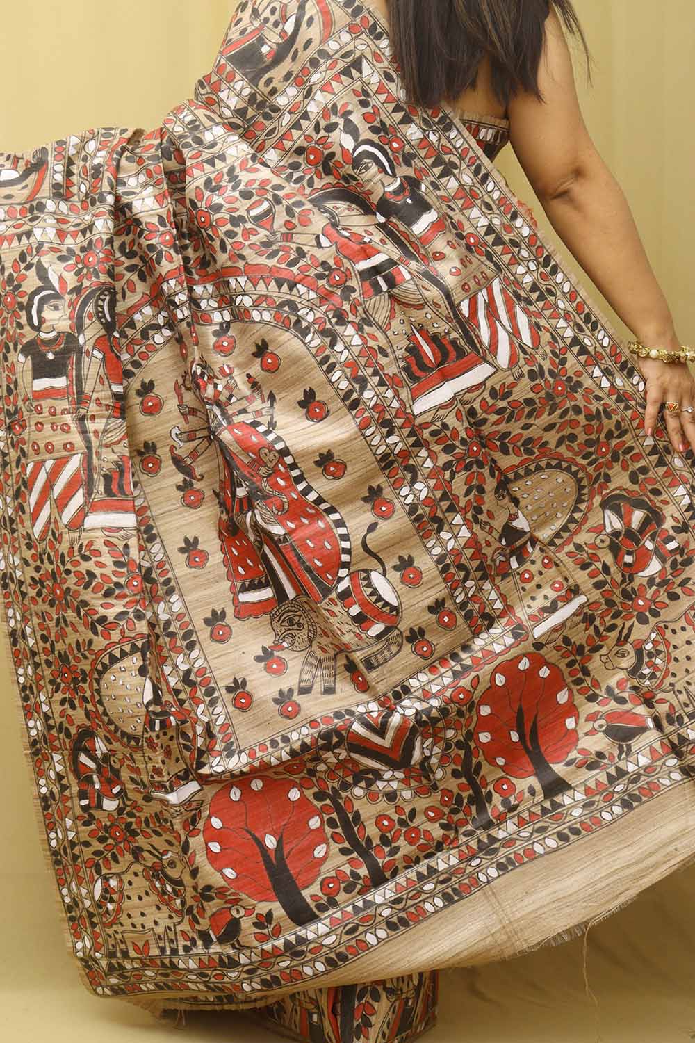 Multicolor Hand Painted Madhubani Tussar Ghicha Silk Saree - Luxurion World