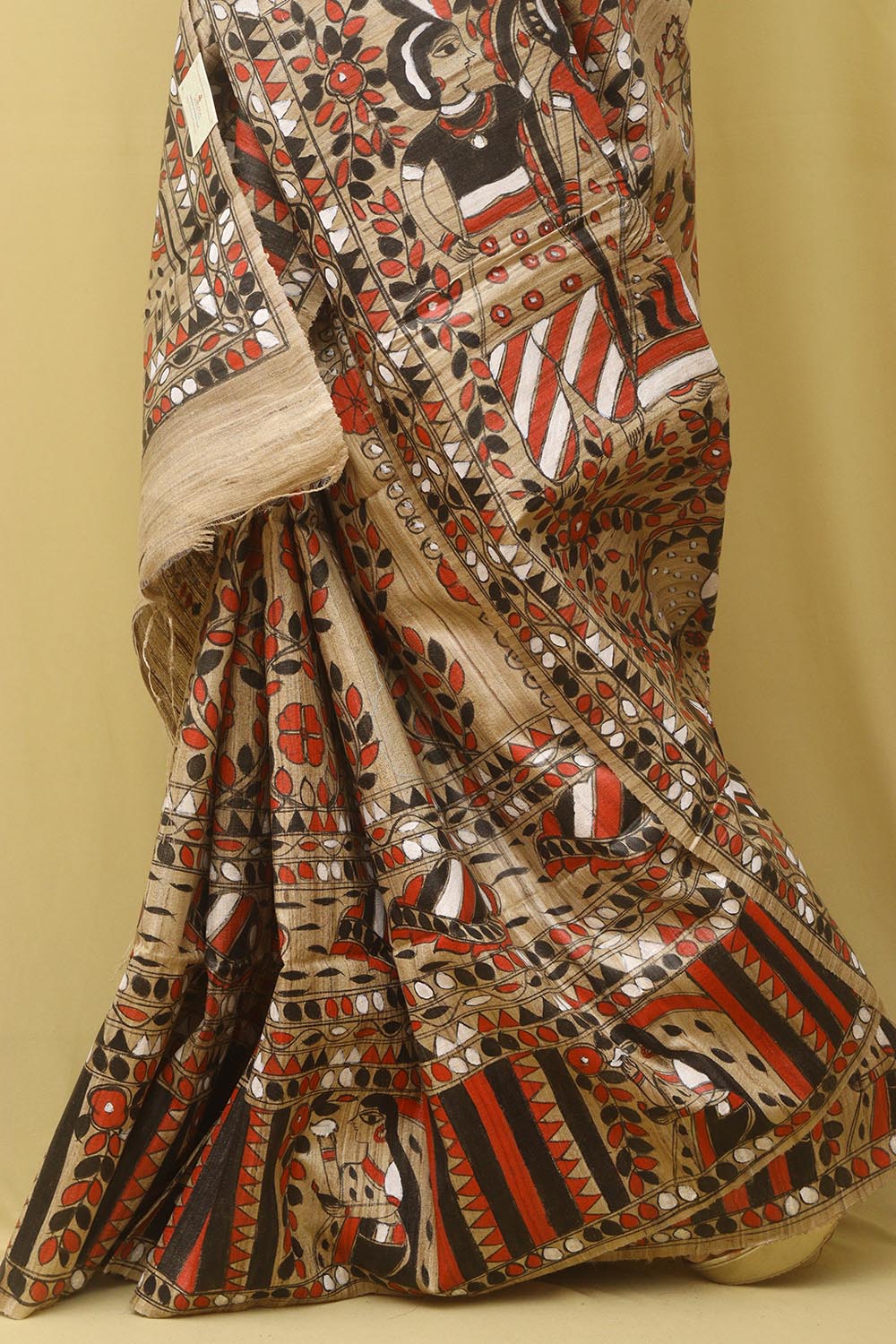 Multicolor Hand Painted Madhubani Tussar Ghicha Silk Saree - Luxurion World