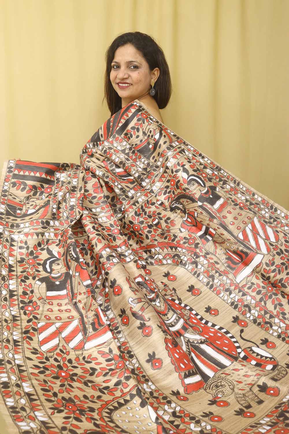 Multicolor Hand Painted Madhubani Tussar Ghicha Silk Saree - Luxurion World