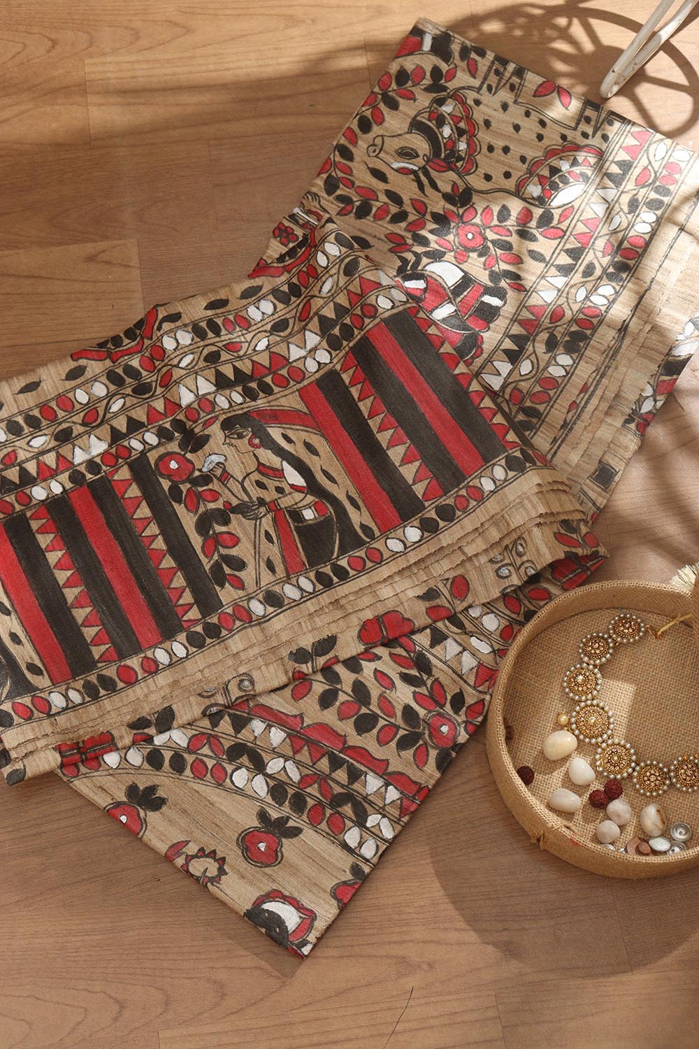 Multicolor Hand Painted Madhubani Tussar Ghicha Silk Saree - Luxurion World
