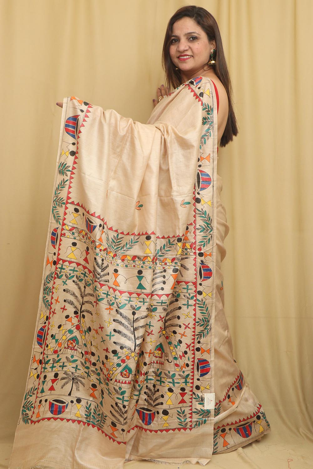 Pastel Madhubani Hand Painted Tussar Silk Saree - Luxurion World