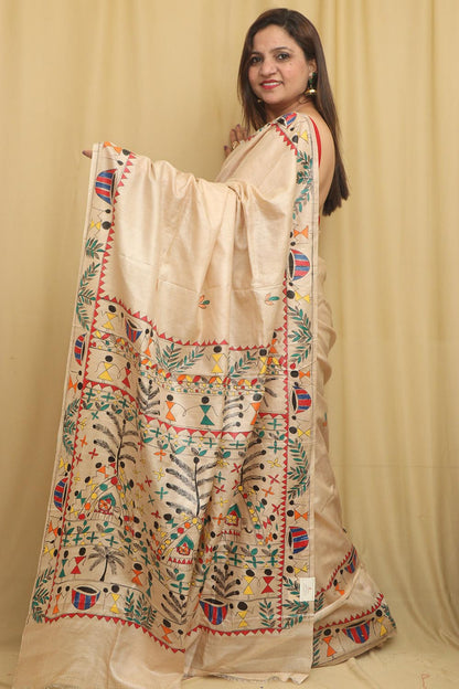 Pastel Madhubani Hand Painted Tussar Silk Saree - Luxurion World