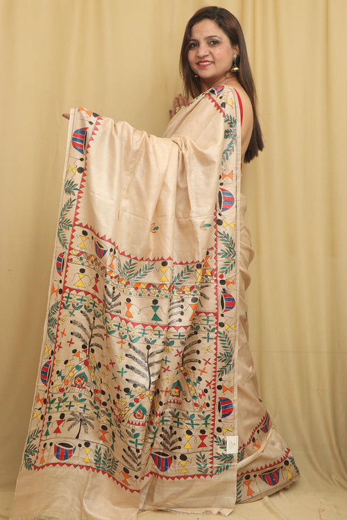 Pastel Madhubani Hand Painted Tussar Silk Saree - Luxurion World