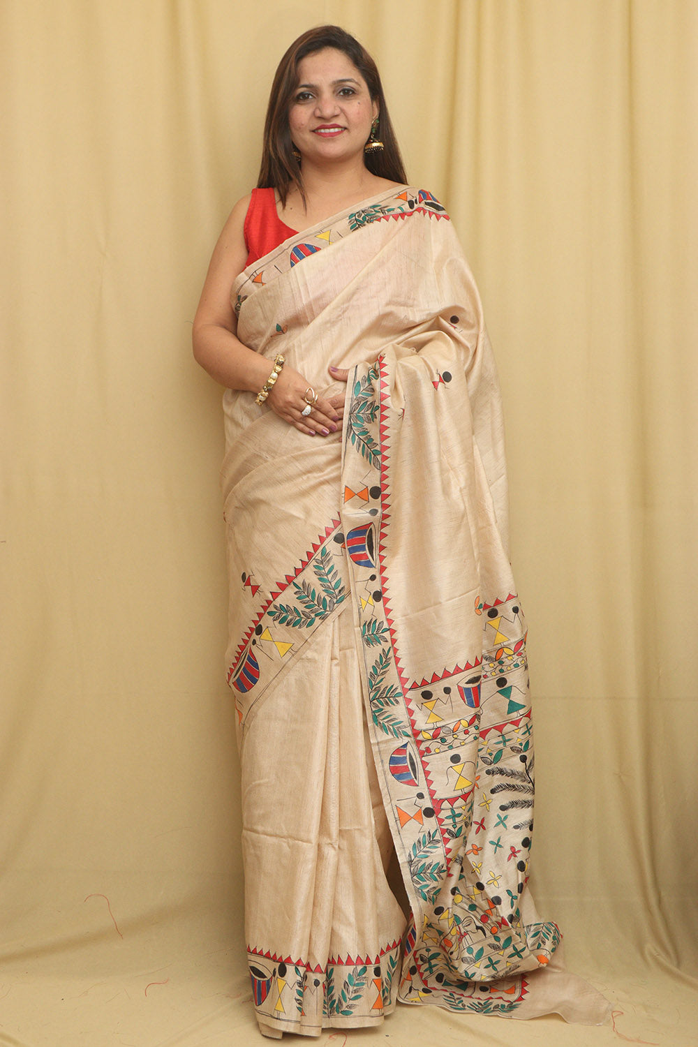 Pastel Madhubani Hand Painted Tussar Silk Saree - Luxurion World