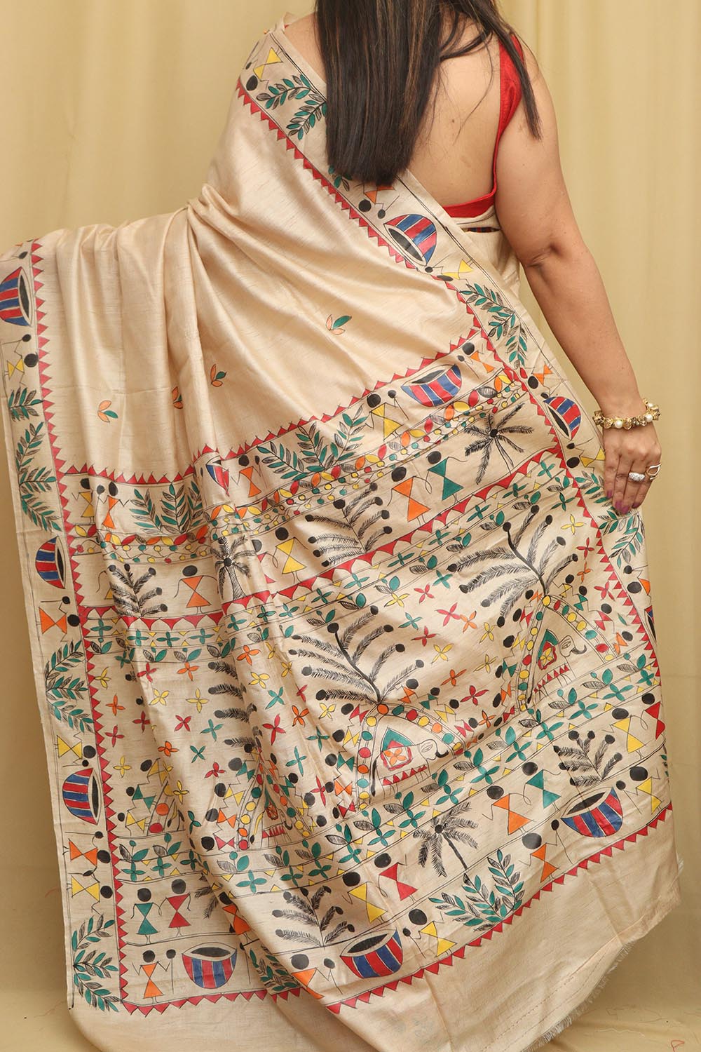 Pastel Madhubani Hand Painted Tussar Silk Saree - Luxurion World