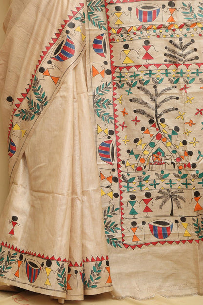 Pastel Madhubani Hand Painted Tussar Silk Saree - Luxurion World