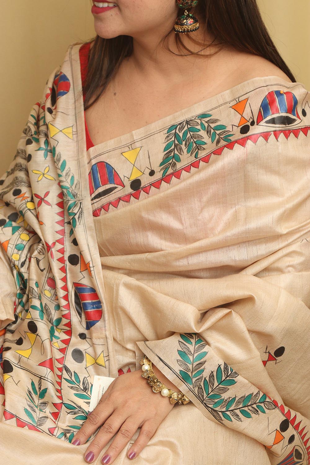 Pastel Madhubani Hand Painted Tussar Silk Saree - Luxurion World