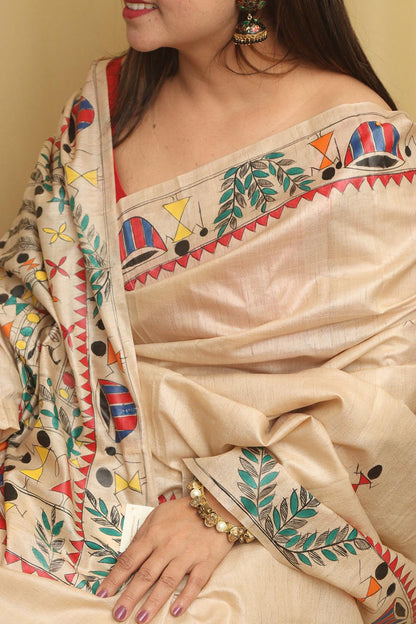 Pastel Madhubani Hand Painted Tussar Silk Saree - Luxurion World