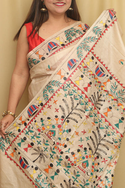 Pastel Madhubani Hand Painted Tussar Silk Saree - Luxurion World