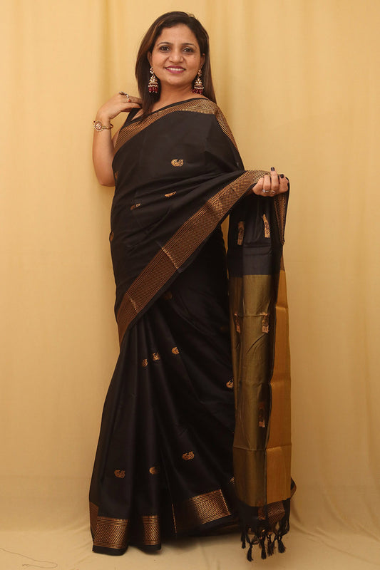 Golden And Black Paithani Cotton Silk Saree