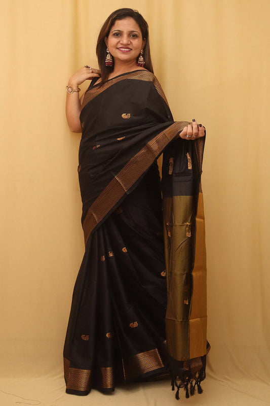 Golden And Black Paithani Cotton Silk Saree - Luxurion World