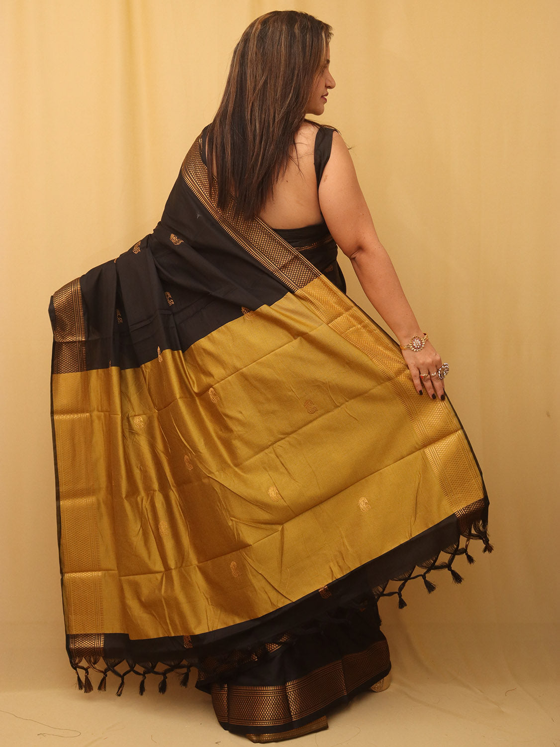 Golden And Black Paithani Cotton Silk Saree - Luxurion World