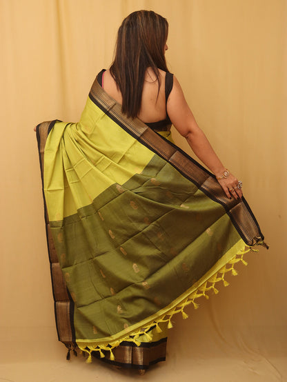 Green And Black Paithani Cotton Silk Saree - Luxurion World