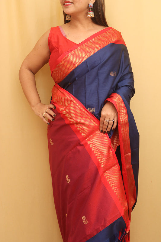Red And Blue Paithani Cotton Silk Saree - Luxurion World