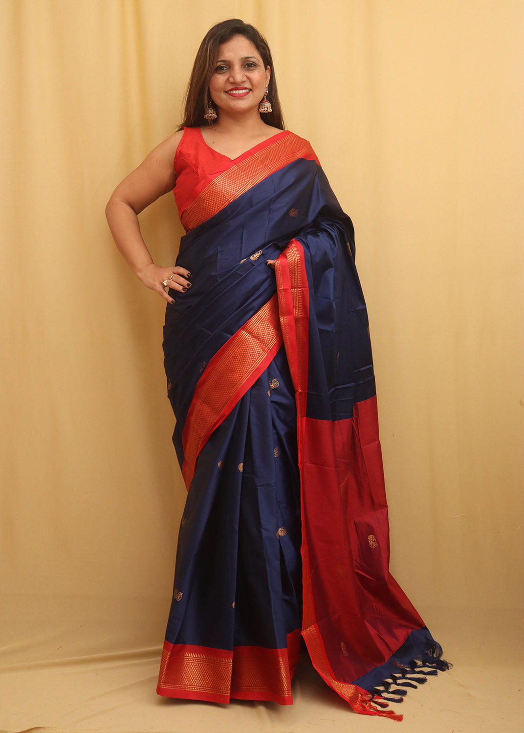 Red And Blue Paithani Cotton Silk Saree - Luxurion World
