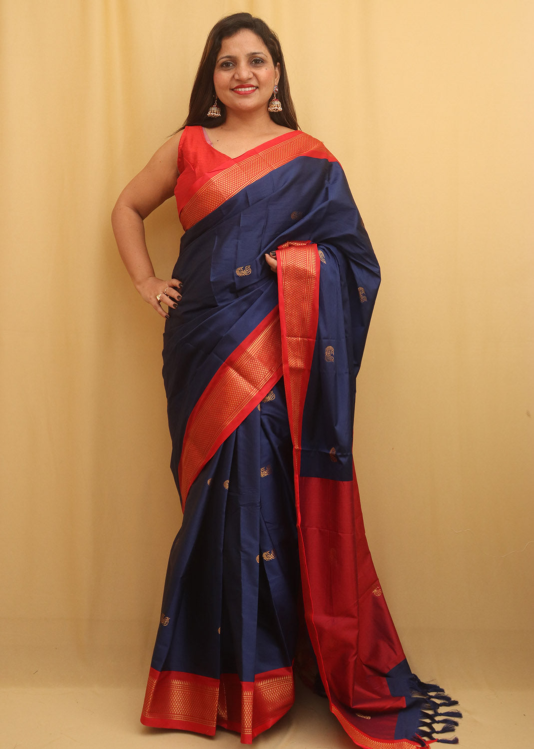 Red And Blue Paithani Cotton Silk Saree - Luxurion World