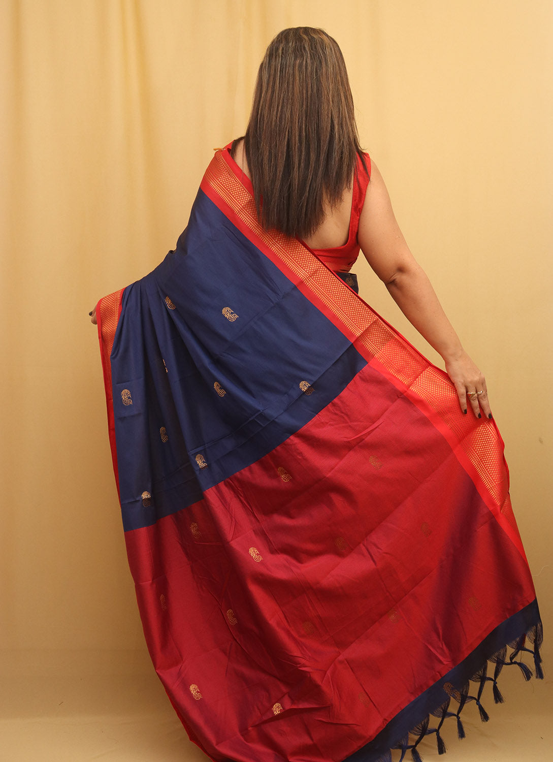 Red And Blue Paithani Cotton Silk Saree - Luxurion World