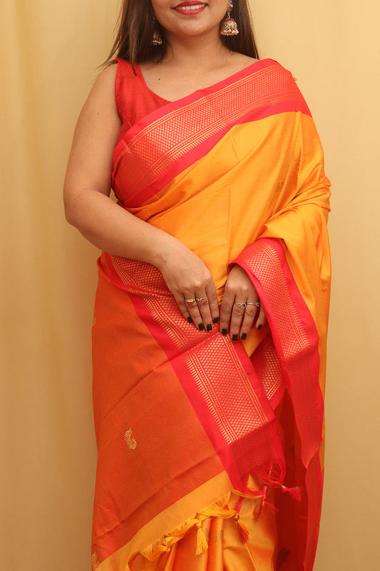 Orange And Red Paithani Cotton Silk Saree - Luxurion World