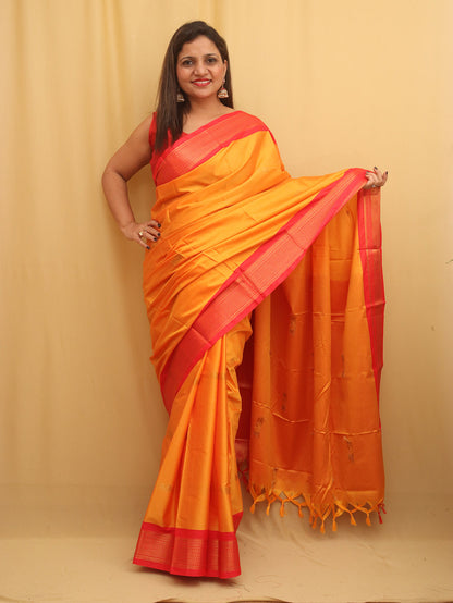 Orange And Red Paithani Cotton Silk Saree - Luxurion World