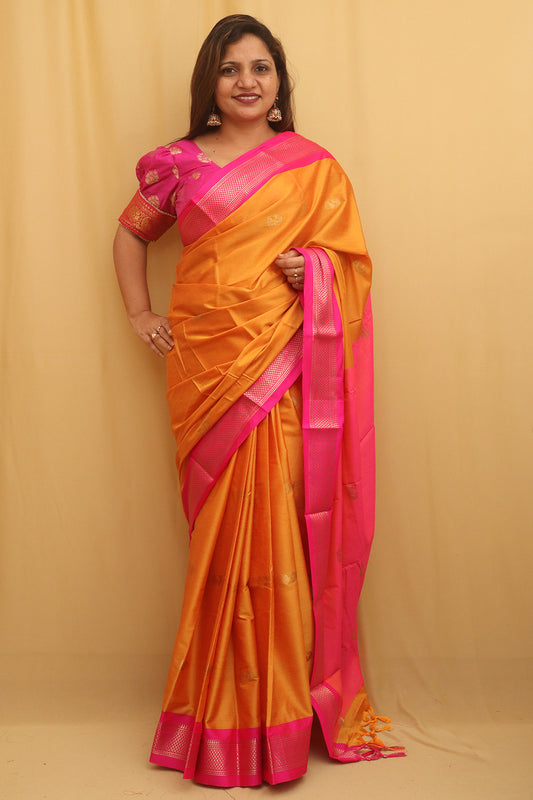 Orange And Pink Paithani Cotton Silk Saree - Luxurion World