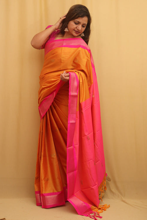Orange And Pink Paithani Cotton Silk Saree - Luxurion World