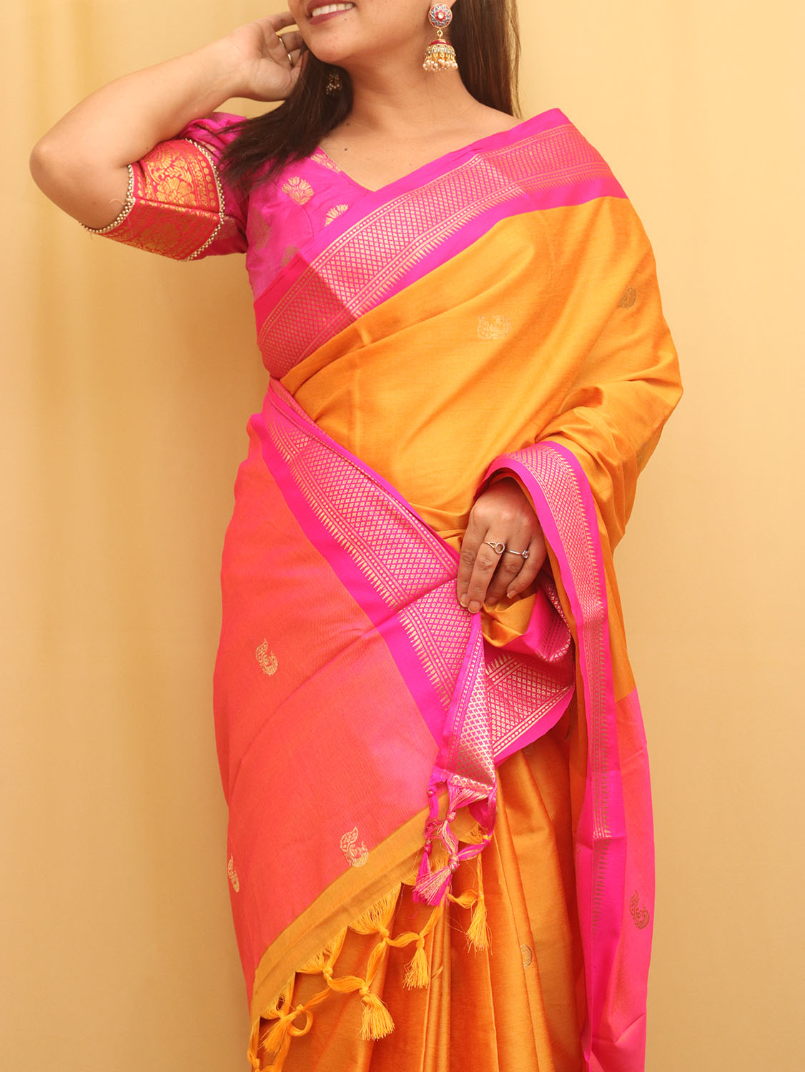 Orange And Pink Paithani Cotton Silk Saree - Luxurion World