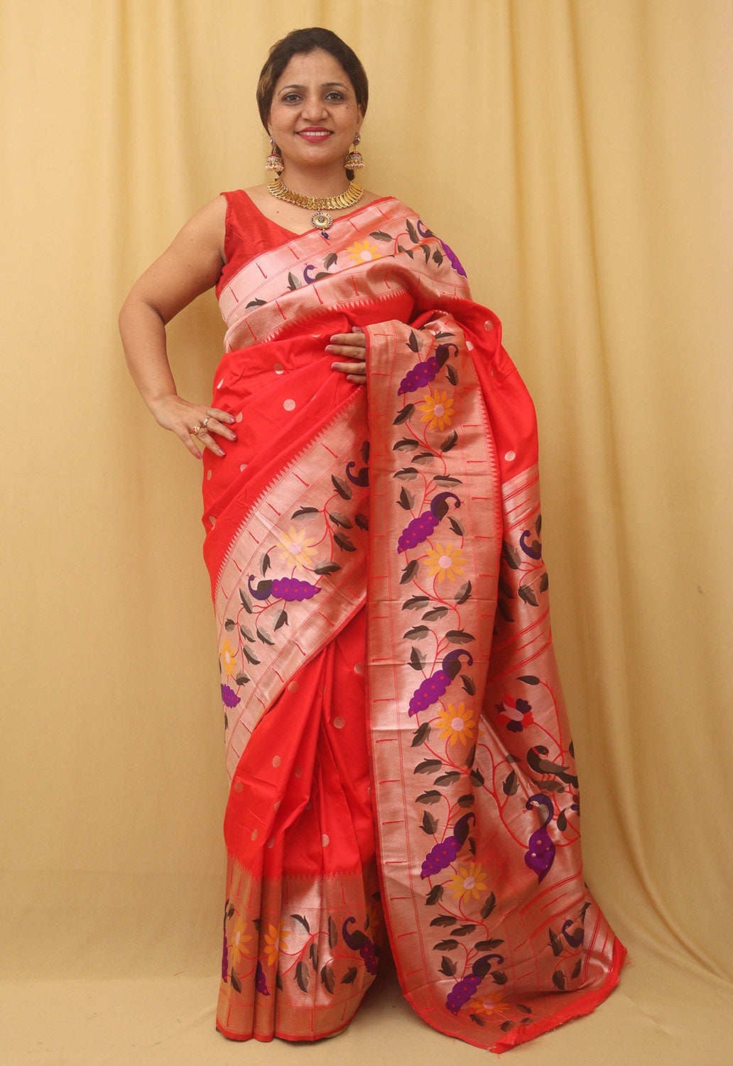 Red Paithani Silk Bird And Flower Design Saree - Luxurion World