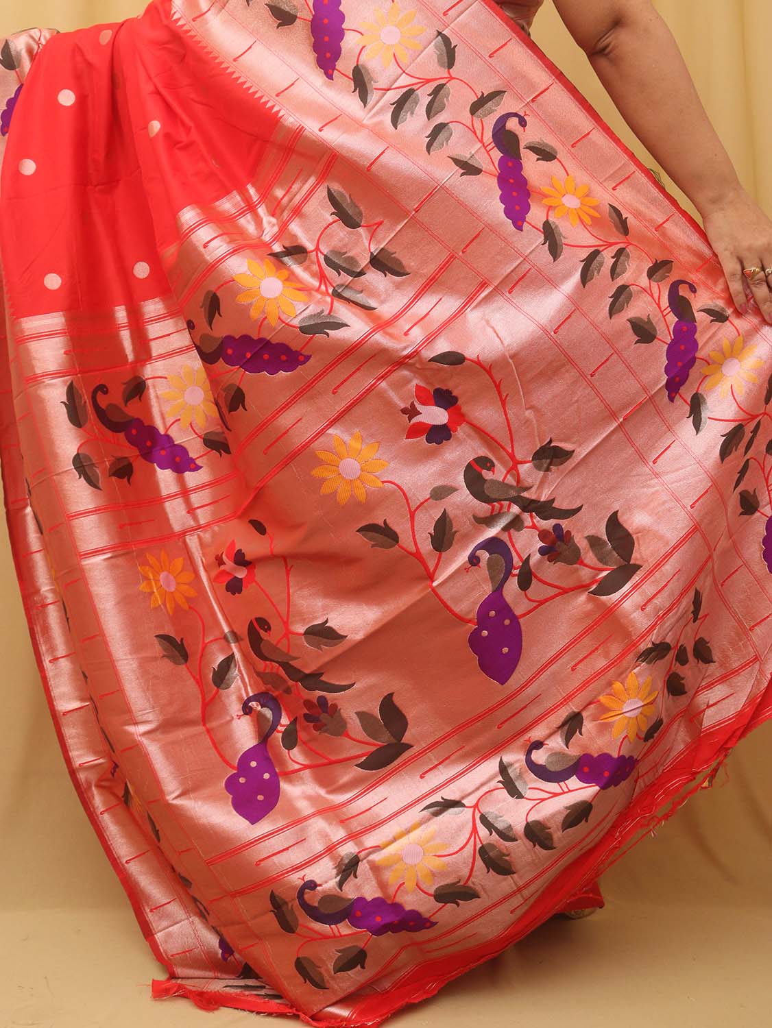 Red Paithani Silk Bird And Flower Design Saree - Luxurion World