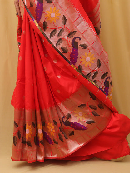 Red Paithani Silk Bird And Flower Design Saree - Luxurion World