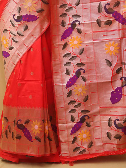Red Paithani Silk Bird And Flower Design Saree - Luxurion World