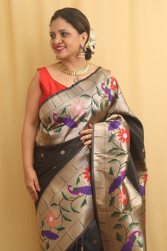 Black Paithani Silk Bird And Flower Design Saree - Luxurion World