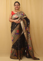 Black Paithani Silk Bird And Flower Design Saree - Luxurion World