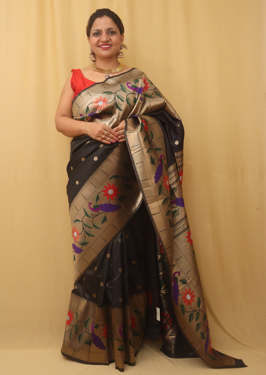 Black Paithani Silk Bird And Flower Design Saree - Luxurion World