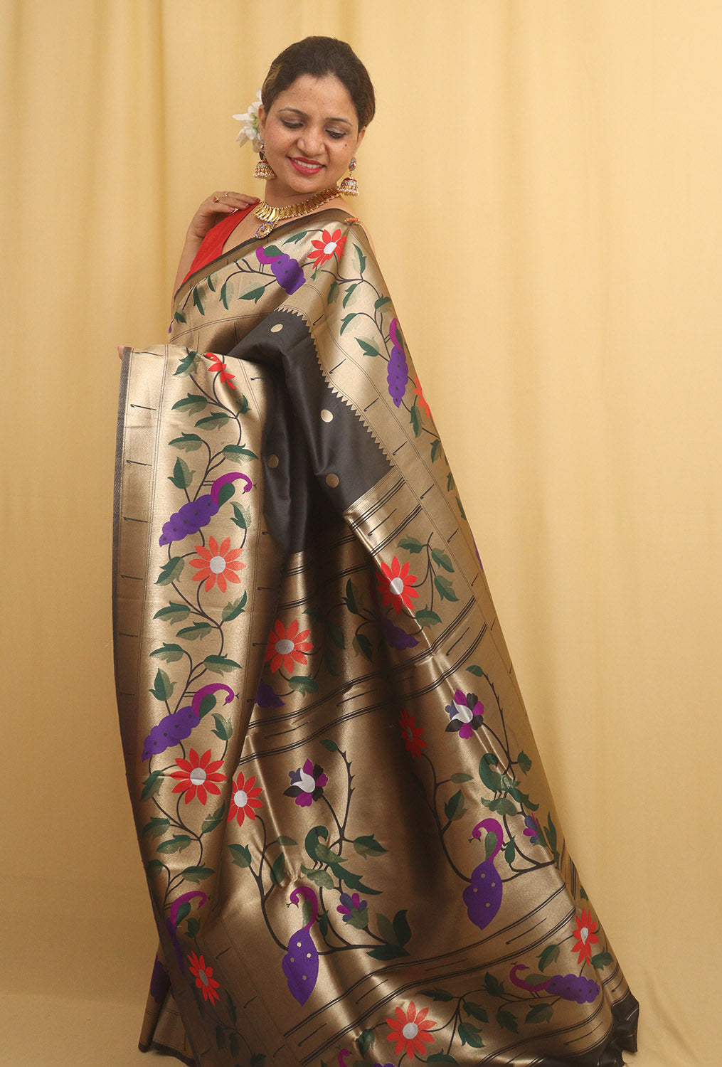 Black Paithani Silk Bird And Flower Design Saree - Luxurion World