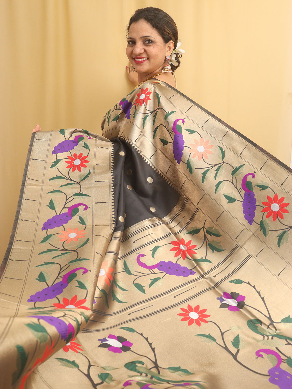 Black Paithani Silk Bird And Flower Design Saree - Luxurion World